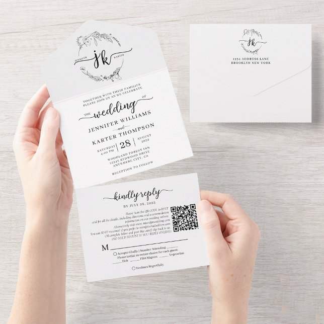 Elegant Blommigt Vitmonogram QR-kod Bröllop (Skapare uppladdad)