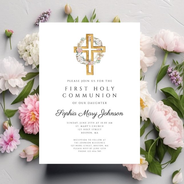 Elegant Blommigt Wandeand Kor Girl First Communion Inbjudningar (Elegant Floral Wreath Cross Girl First Communion Invitation)