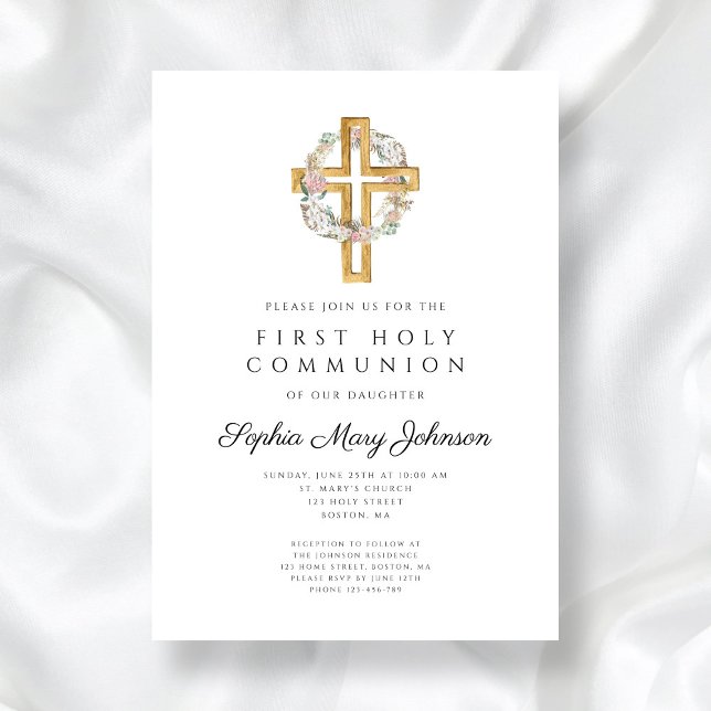 Elegant Blommigt Wandeand Kor Girl First Communion Inbjudningar (Elegant Floral Wreath Cross Girl First Communion Invitation)
