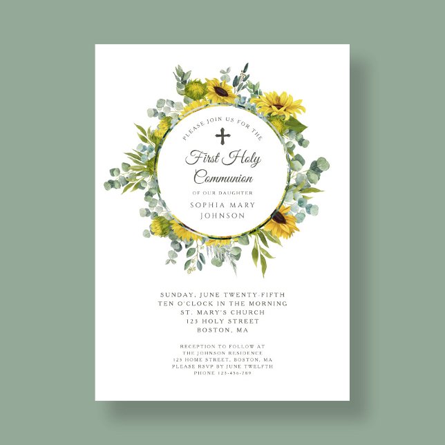 Elegant Blommigt WandeGirl First Communion Inbjudningar (Elegant Floral Wreath Girl First Communion Invitation)