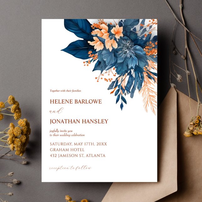 Elegant Blommigt Watercolor Indigo Rust Bröllop Inbjudningar (Elegant Floral Watercolor Indigo Rust Wedding Invitation)