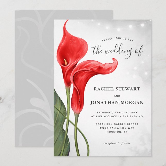 Elegant Blommigt Watercolor Red Calla Lily Bröllop Inbjudningar (Fram/baksida)