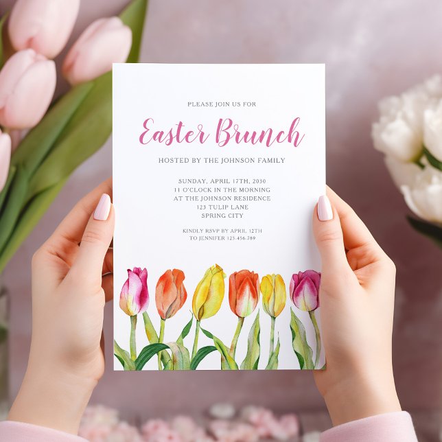 Elegant Blommigt Watercolor Tulip Påsk Brunch Inbjudningar (Pretty Pink Floral Watercolor Tulip Easter Brunch Invitation)