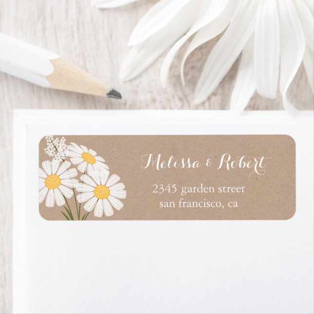 Elegant Blommigt White Daisys Bouquet Bröllop Returadress Etikett (Insitu)