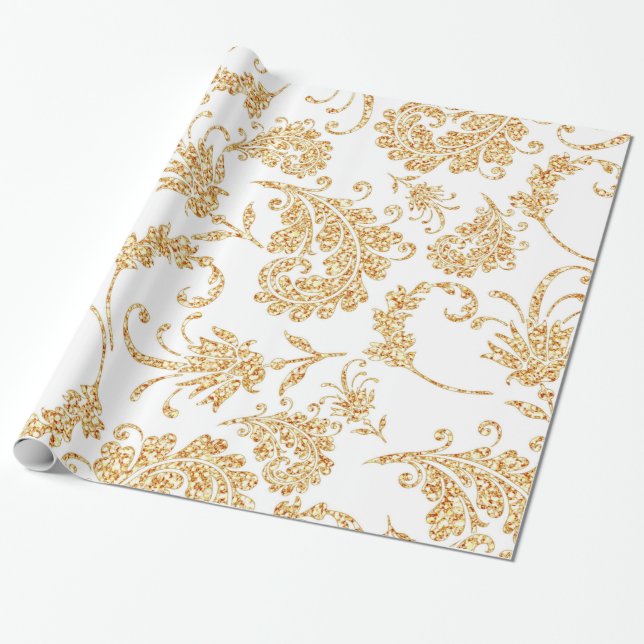 Elegant Blommigt White Guld Presentpapper (Utrullad)