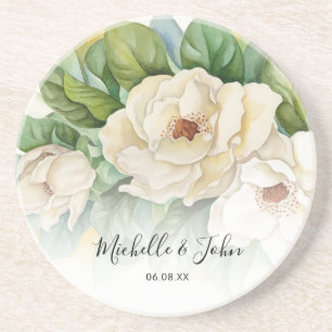 Elegant Blommigt White Magnolia Script Namn Bröllo Underlägg