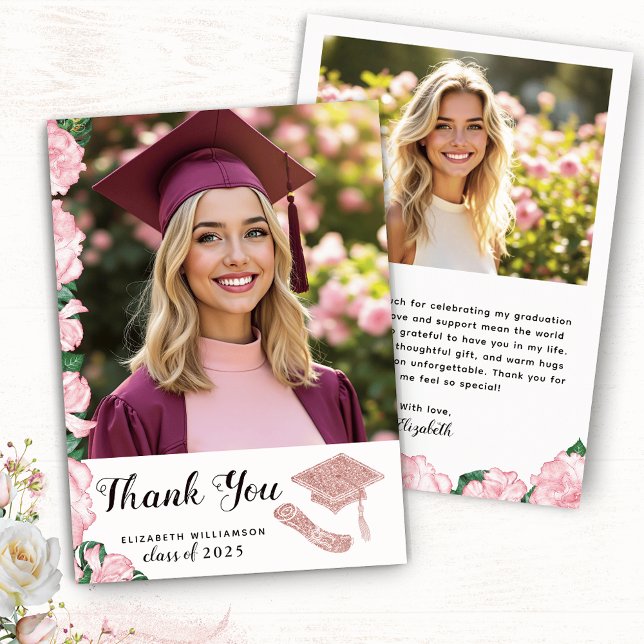 Elegant Blommigt White Rosa Grad Photo Studenten Tack Kort (Skapare uppladdad)