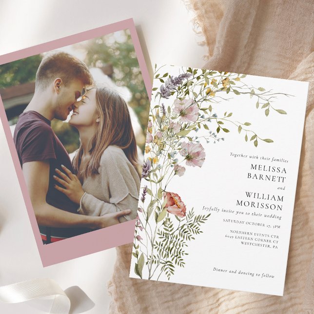 Elegant Blommigt Wildblomfoto Bröllop Inbjudningar (Elegant Floral Wildflower Photo Wedding Invitation)