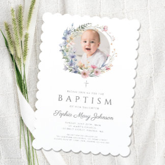 Elegant Blommigt WildblommGirl Baptism Photo Inbjudningar