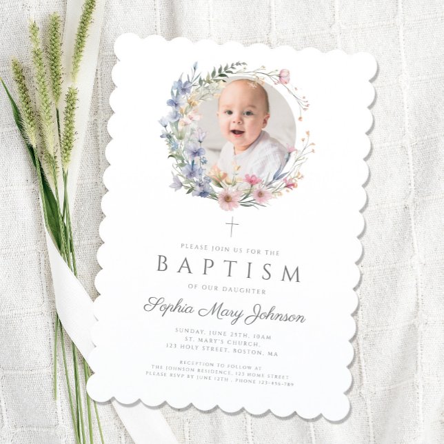 Elegant Blommigt WildblommGirl Baptism Photo Inbjudningar (Elegant Floral Wildflowers Girl Baptism Photo Invitation)