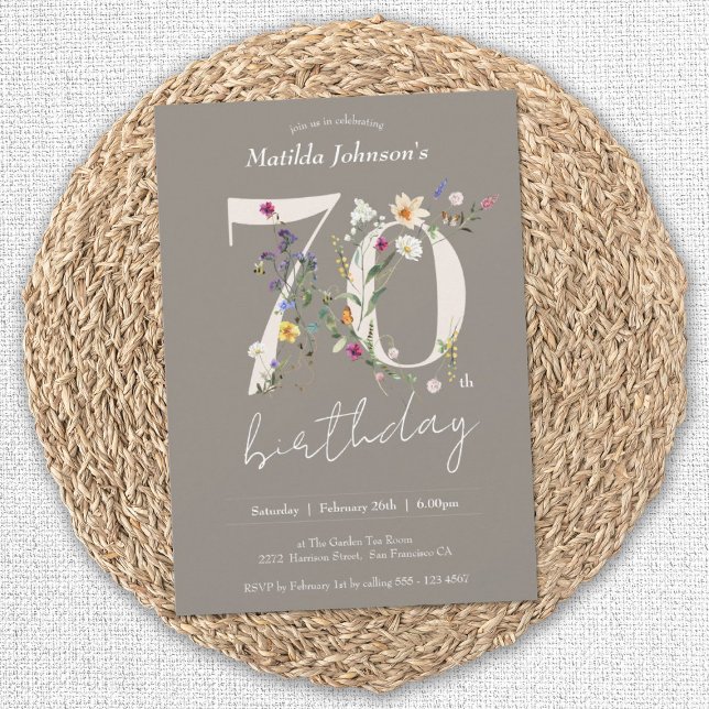 Elegant Blommigt Wildblommor 70:e Födelsedagsfeste Inbjudningar (70th Birthday Wildflowers Elegant Floral Invitation)