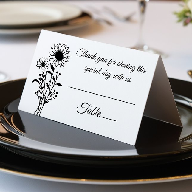 Elegant Blommigt Wildblommor Black White Bröllop Kort (Skapare uppladdad)