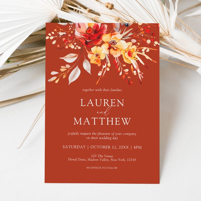 Elegant Blommigt Wildblomrost Rust Orange Fall brö Inbjudningar (Elegant rustic terracotta floral fall wedding invitation)