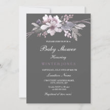 Elegant Blommigt Winter Grått Baby Shower Inbjudan