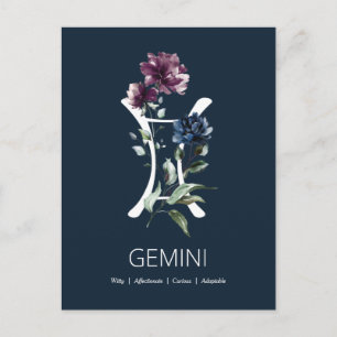 Elegant Blommigt Zodiac Stjärntecken Gemini Vykort