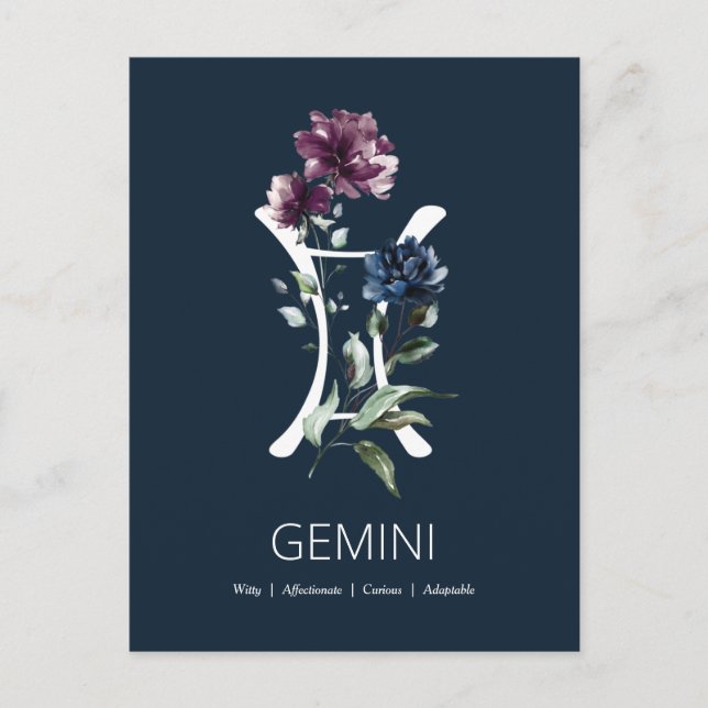 Elegant Blommigt Zodiac Stjärntecken Gemini Vykort (Framsida)