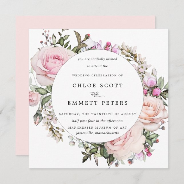 Elegant Blommigten för  Rosa i Bröllop Inbjudningar (Fram/baksida)