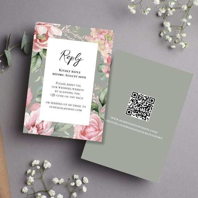 Elegant Blommigten för  Rosa i Bröllop OSA Kort (Elegant blush pink rsvp card with scannable QR code. )