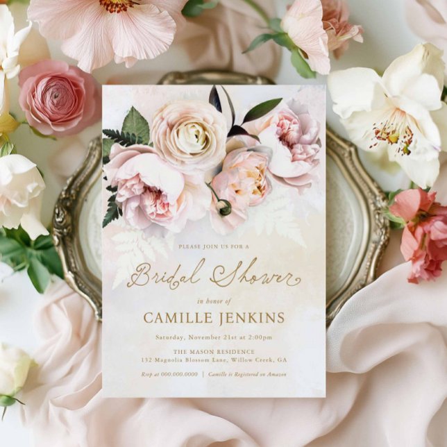 Elegant Blommigten för  Rosa i Inbjudningskort för (Pink Blush Floral Bridal Shower Invitation)