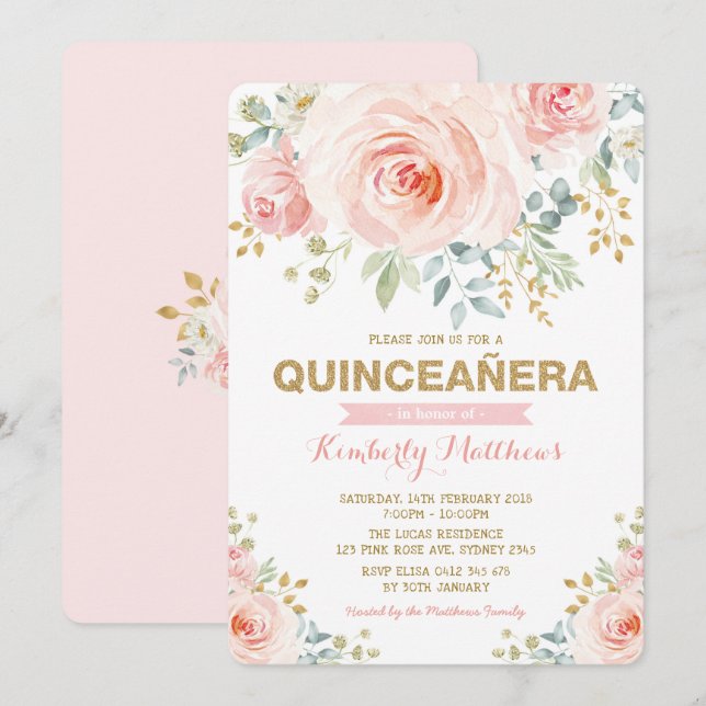 Elegant  Blommigten Guld Greenery Quinceañera Inbjudningar (Fram/baksida)