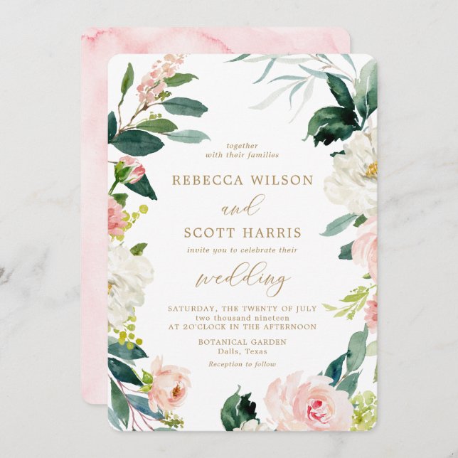 Elegant  Blommigten och Guld vattenfärgen Bröllop Inbjudningar (Fram/baksida)