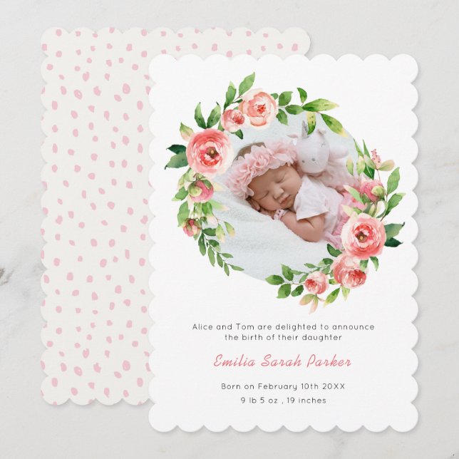 Elegant  Blommigten Rosa ros Foto Baby födelse Meddelande (Fram/baksida)
