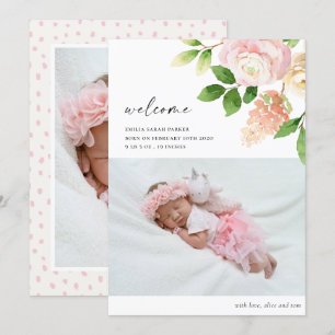 Elegant Blommigten Rosa ros Foto Baby födelse Meddelande
