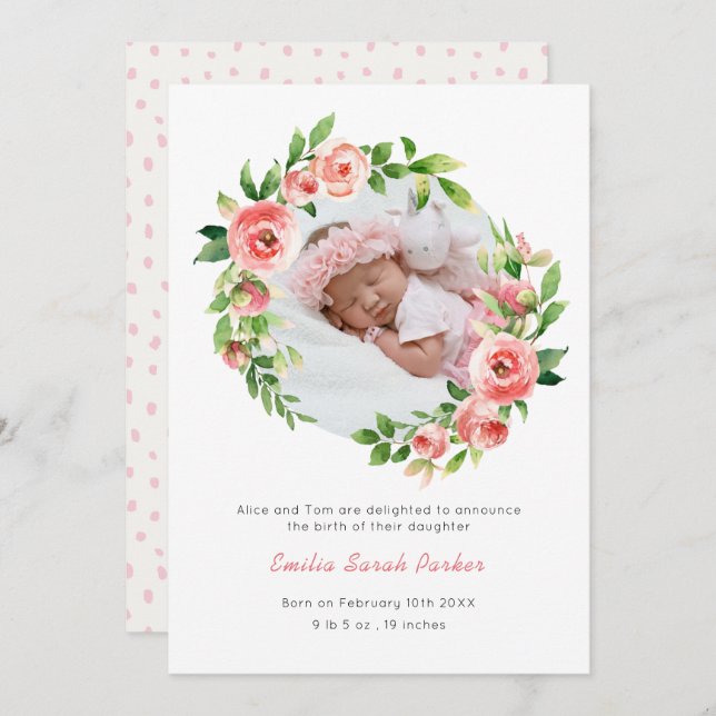 Elegant  Blommigten Rosa ros Foto Baby födelse Meddelande (Fram/baksida)