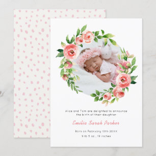 Elegant Blommigten Rosa ros Foto Baby födelse Meddelande