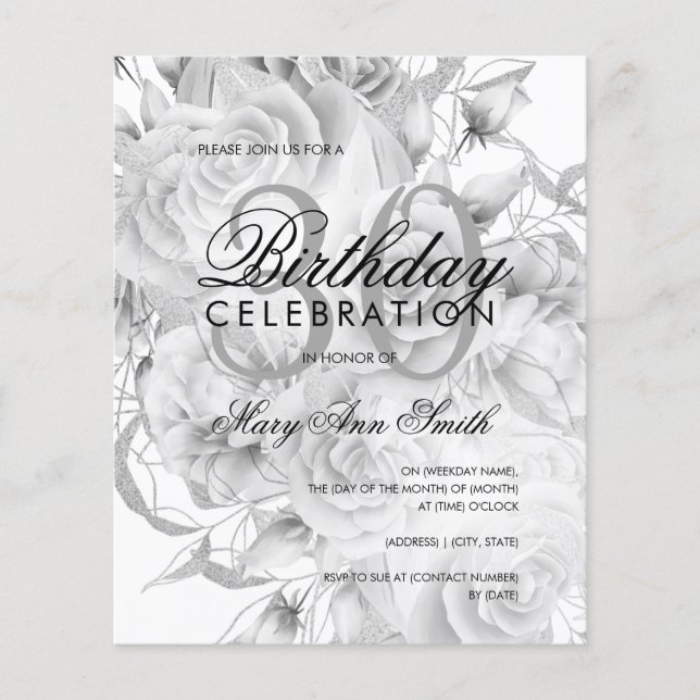 Elegant Blommigten Silver Vita Inbjudan Flygblad (Framsidan)