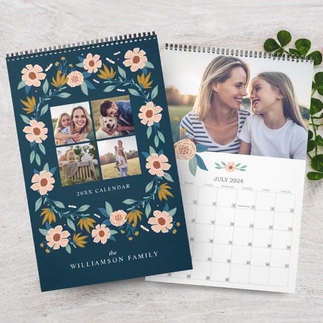 Elegant Blommigts Photo Collage Family Memories Kalender (Elegant Florals Photo Collage Family Memories Calendar)