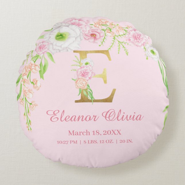 Elegant blommonogram för babystatistik rund kudde (Framsidan)