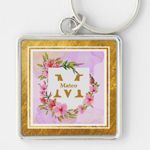 Elegant blommonogram I namn & initial Fyrkantig Silverfärgad Nyckelring