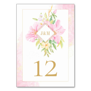 Elegant blommonogram i vattenfärg rosa grön bordsnummer