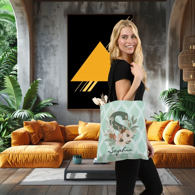 Elegant blommonogram – Mintgrön botanisk konst Tygkasse (Skapare uppladdad)