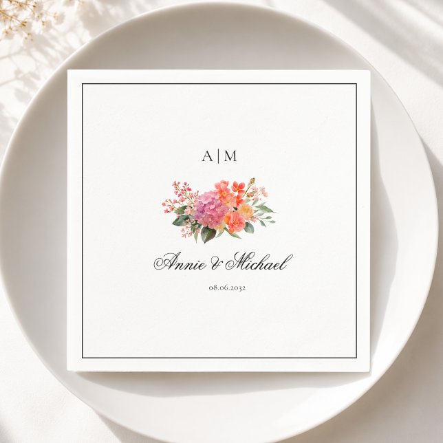 Elegant blommonogram skrifttyp kant bröllop pappersservett (Custom Elegant Floral Monogram Script Border Wedding Napkins)