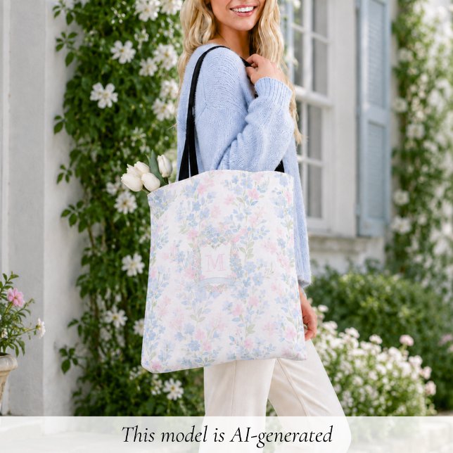 Elegant blommonogram tygkasse (elegant girly preppy grandmillennial floral tote bag with custom initial monogram in family crest)