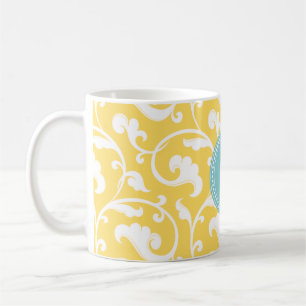 Elegant blommönster för giftig gult, monogram kaffemugg