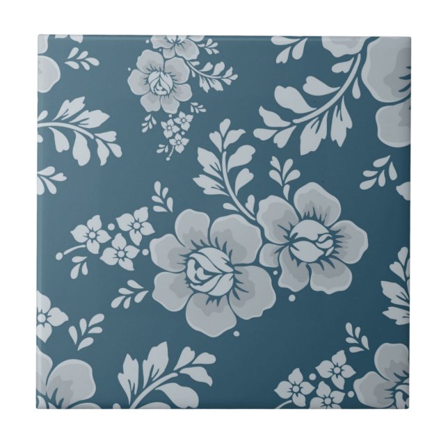 Elegant Blommönster i Vintageblått Kakelplatta (Framsidan)
