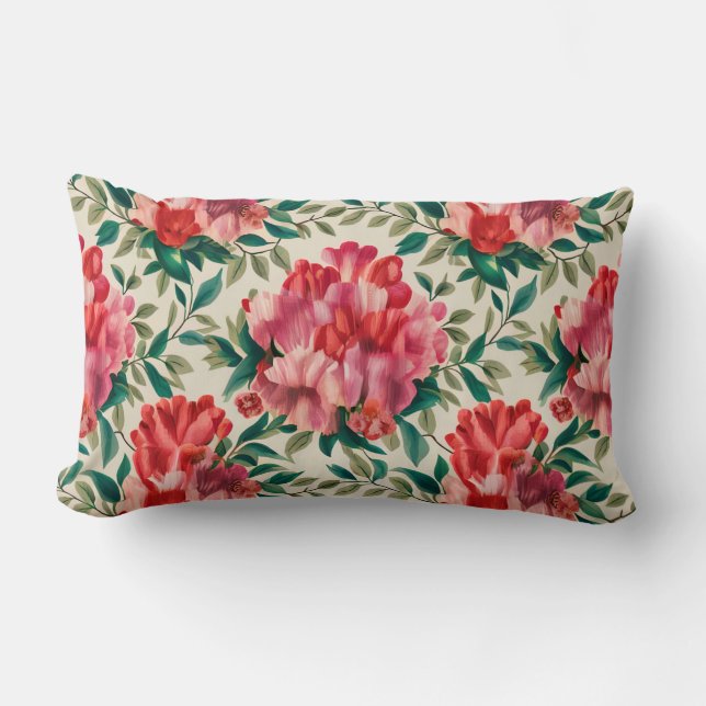 Elegant Blommönster med Röda och Rosa Flowers Lumbarkudde (Framsida)