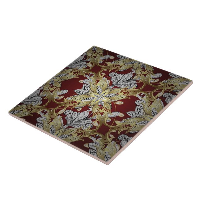 Elegant Blommönster Neutralt Färg Guld Inslag Kakelplatta (Sidan)