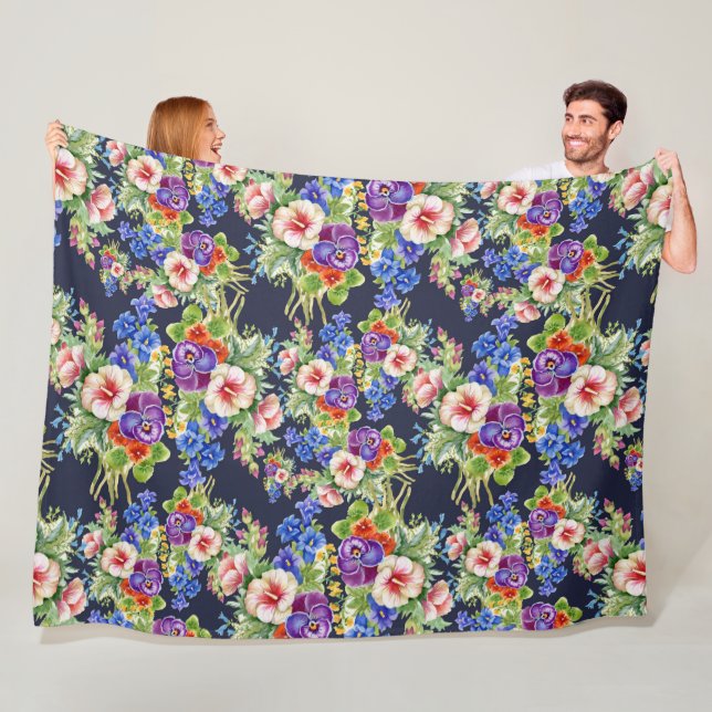 Elegant Blommönster Rosa Gult  Blue Foliage Fleecefilt (På plats)