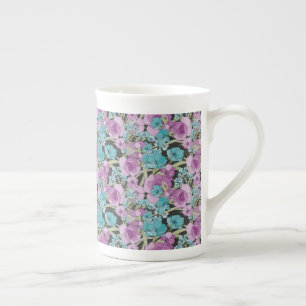 Elegant Blommönster Rosa Lila Black Backgroun Benporslin Mugg