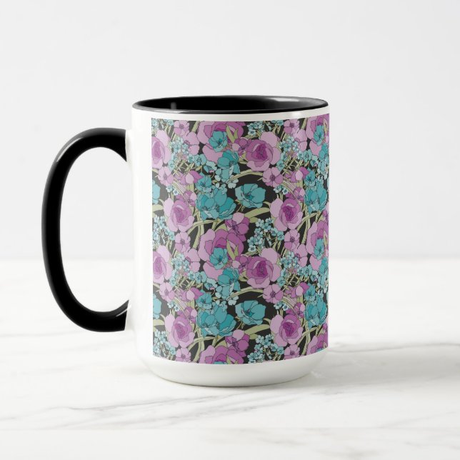 Elegant Blommönster Rosa Lila Black Backgroun Mugg (Vänster)