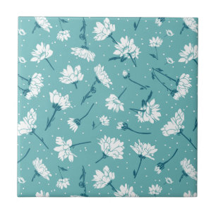 Elegant Blommönster - Teal & White Botanical Kakelplatta