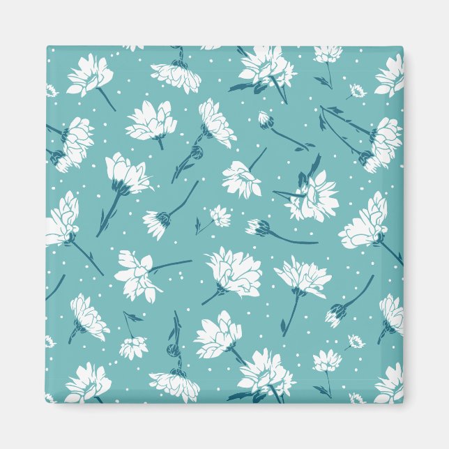 Elegant Blommönster - Teal & White Botanical Magnet (Framsidan)
