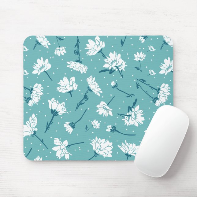 Elegant Blommönster - Teal & White Botanical Musmatta (Med mus)