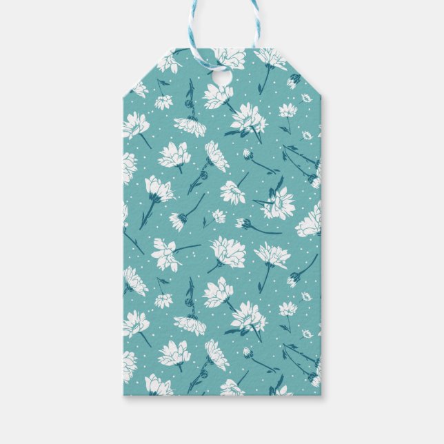 Elegant Blommönster - Teal & White Botanical Presentetikett (Framsidan)
