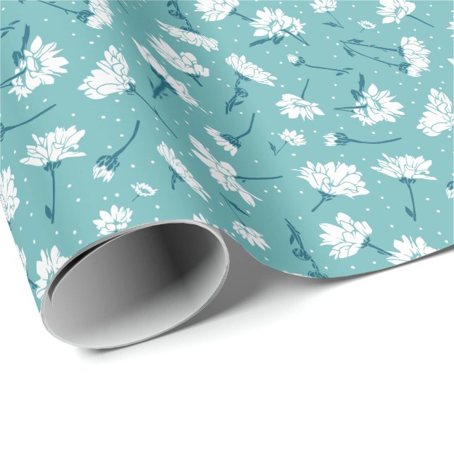 Elegant Blommönster - Teal & White Botanical Presentpapper (Rullad Hörn)