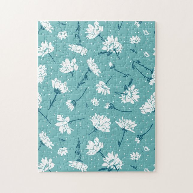 Elegant Blommönster - Teal & White Botanical Pussel (Vertikal)